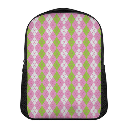 White Pink And Green Argyle Print Casual Backpack