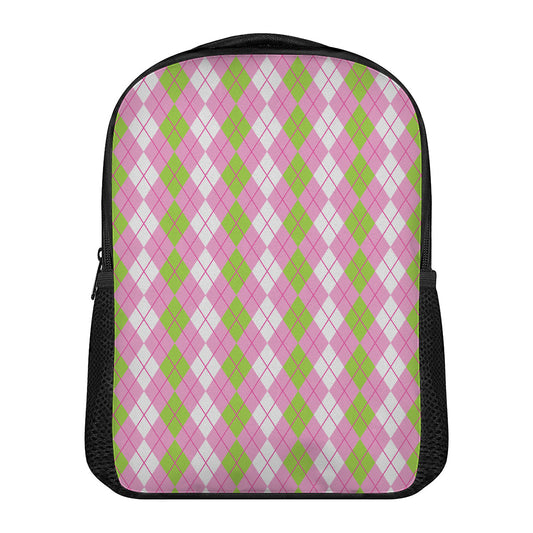 White Pink And Green Argyle Print Casual Backpack