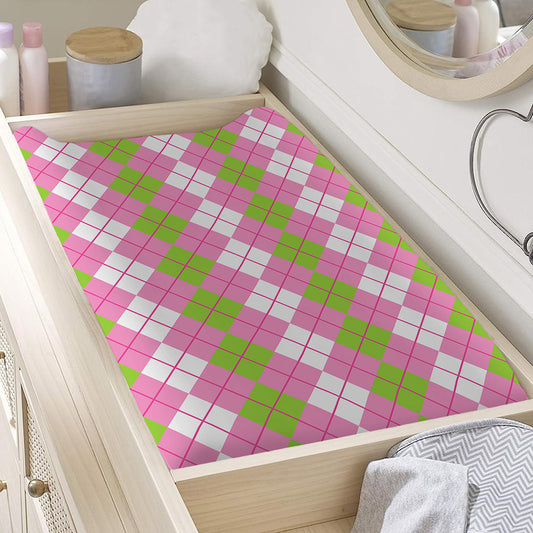 White Pink And Green Argyle Print Changing Pad Cover