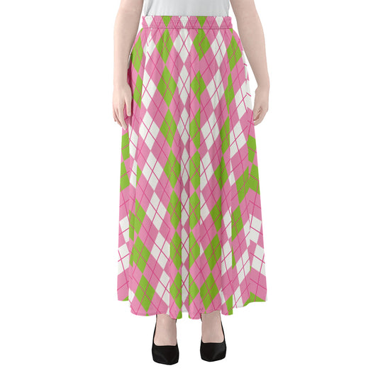 White Pink And Green Argyle Print Chiffon Maxi Skirt