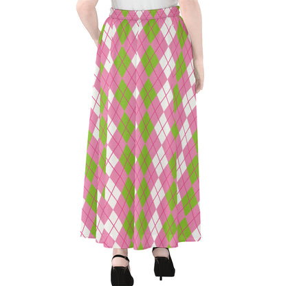 White Pink And Green Argyle Print Chiffon Maxi Skirt