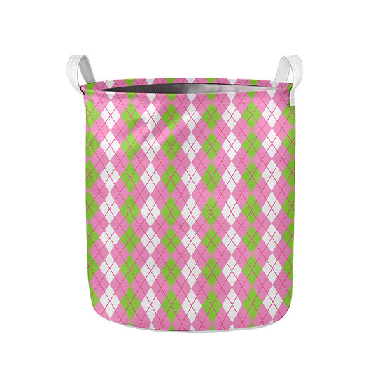White Pink And Green Argyle Print Collapsible Laundry Basket