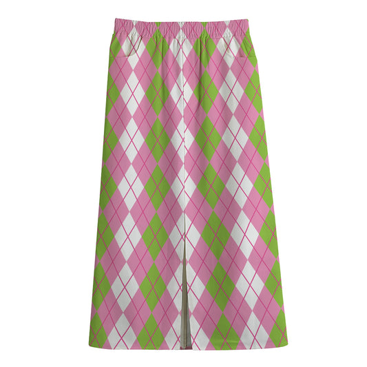 White Pink And Green Argyle Print Cotton Front Slit Maxi Skirt