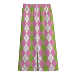 White Pink And Green Argyle Print Cotton Front Slit Maxi Skirt