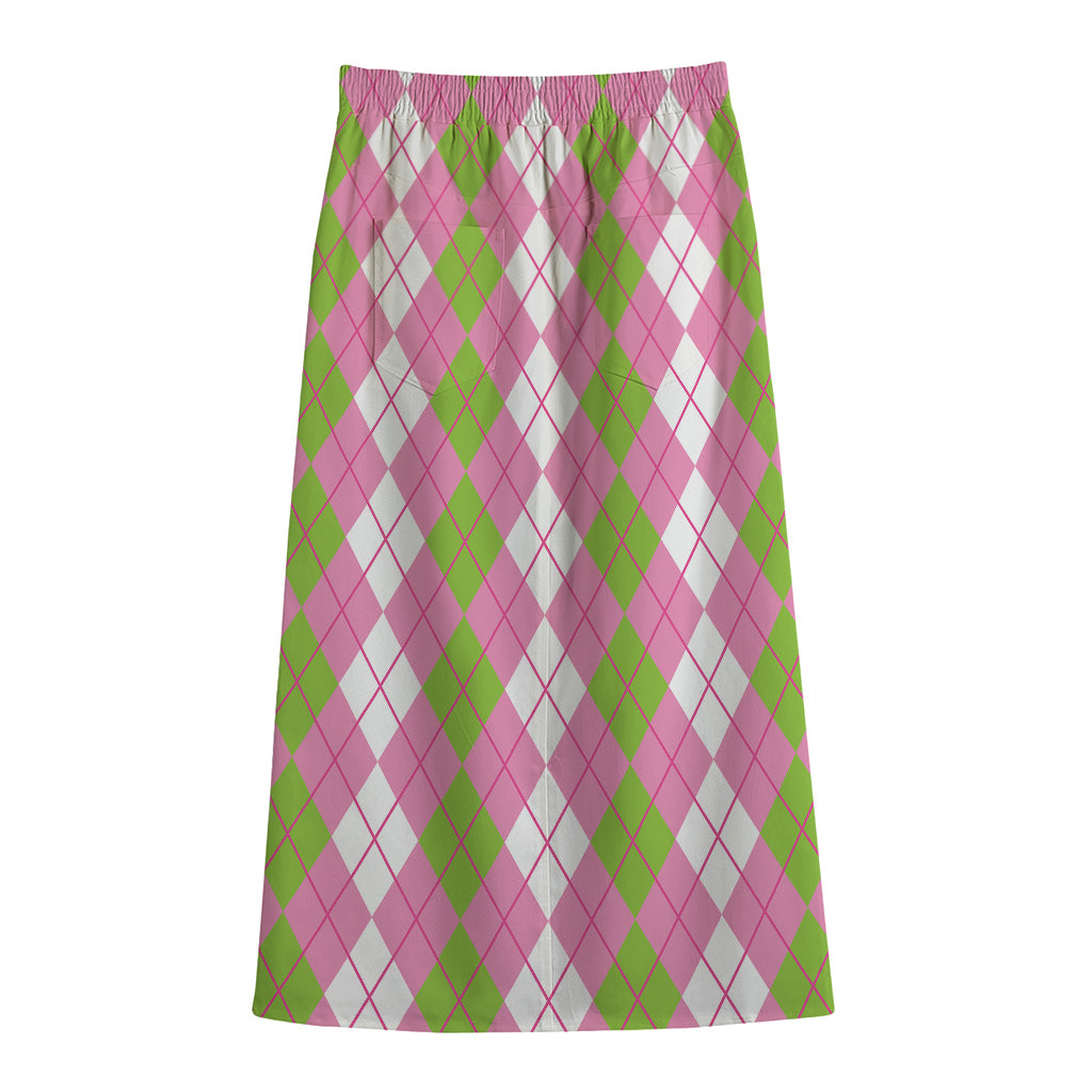 White Pink And Green Argyle Print Cotton Front Slit Maxi Skirt