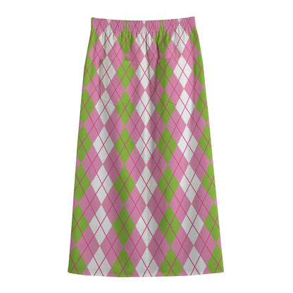 White Pink And Green Argyle Print Cotton Front Slit Maxi Skirt