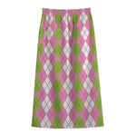 White Pink And Green Argyle Print Cotton Front Slit Maxi Skirt