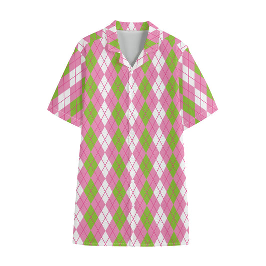 White Pink And Green Argyle Print Cotton Hawaiian Shirt