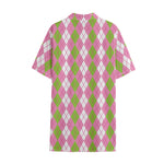 White Pink And Green Argyle Print Cotton Hawaiian Shirt