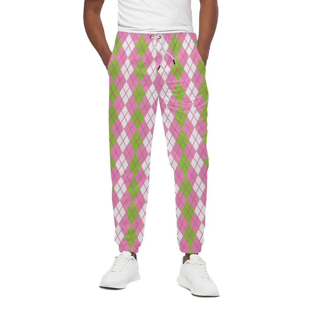 White Pink And Green Argyle Print Cotton Pants