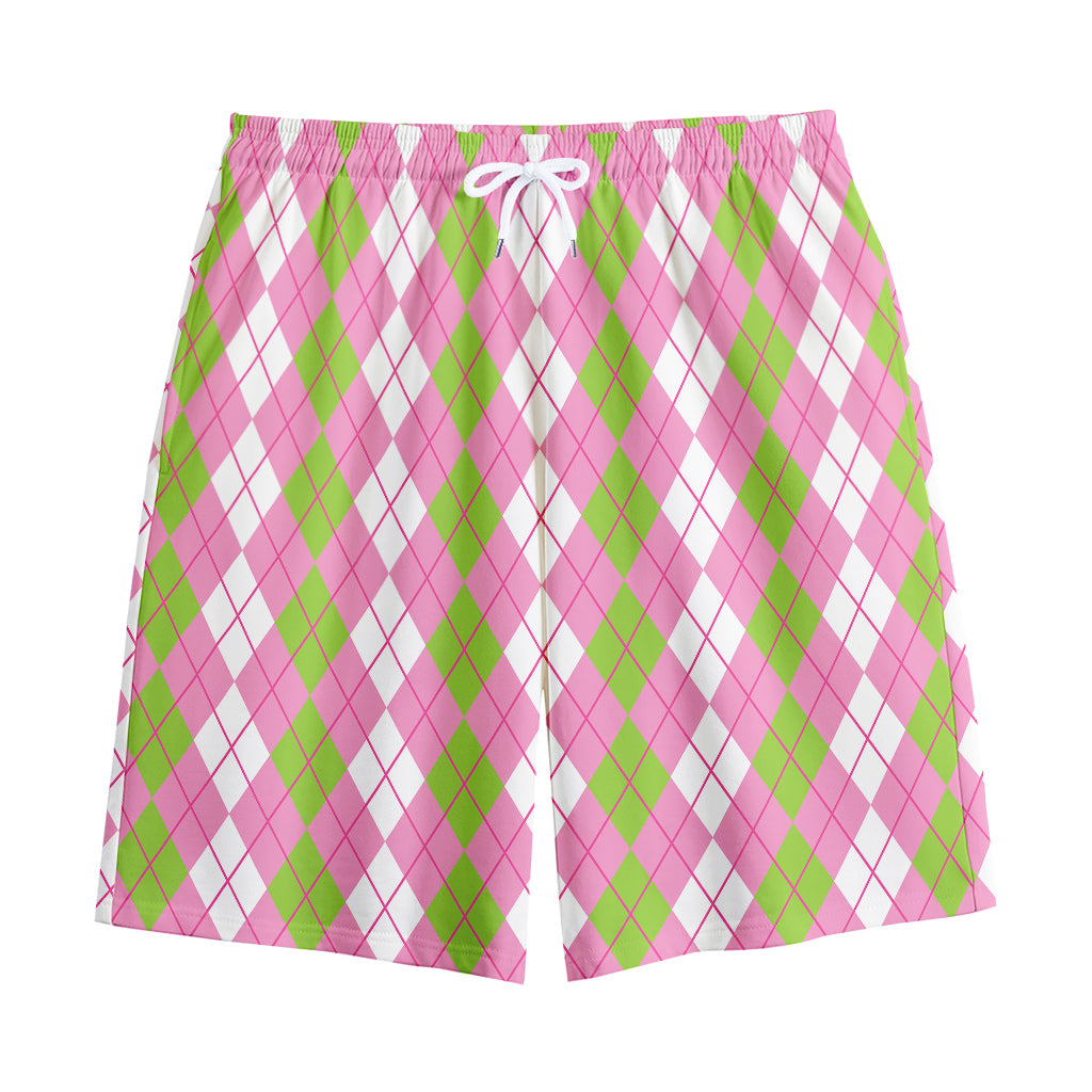 White Pink And Green Argyle Print Cotton Shorts