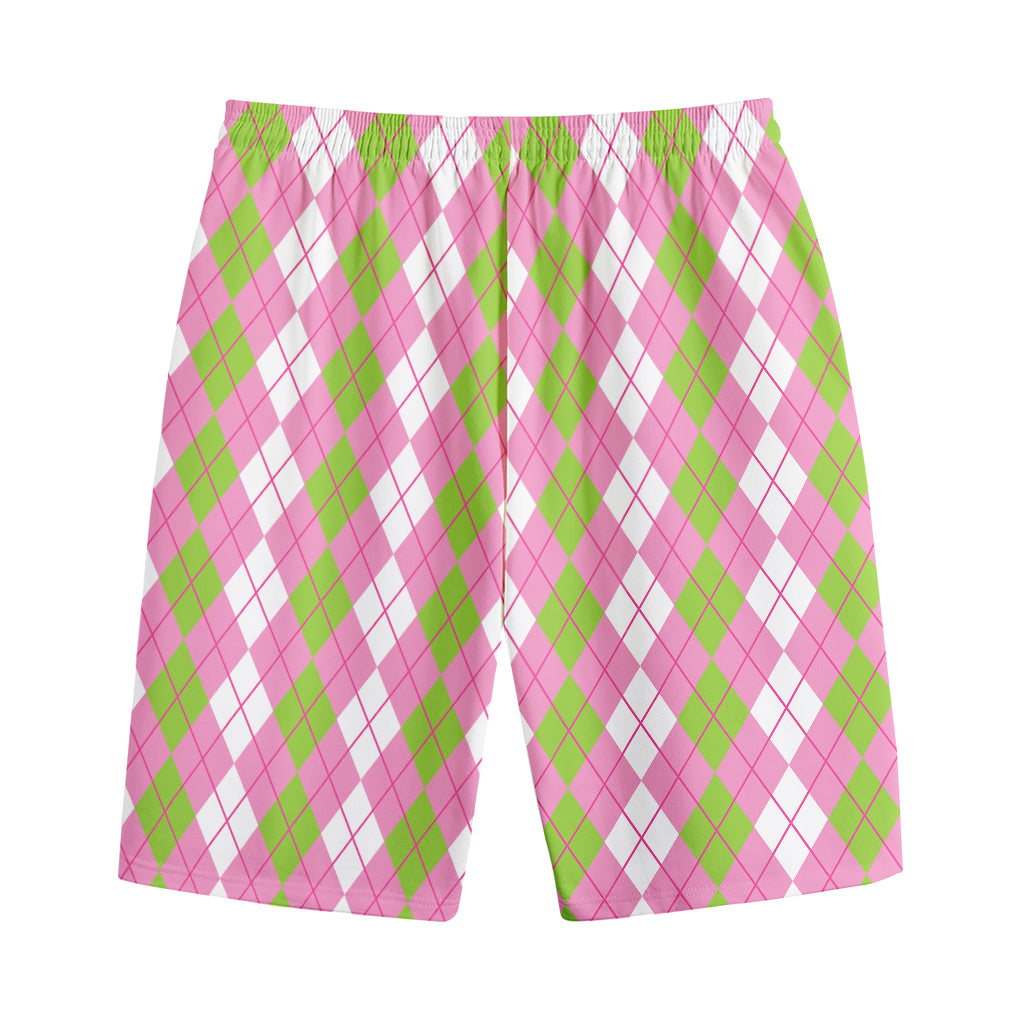 White Pink And Green Argyle Print Cotton Shorts