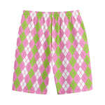 White Pink And Green Argyle Print Cotton Shorts