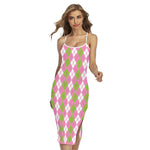 White Pink And Green Argyle Print Cross Back Cami Dress
