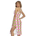 White Pink And Green Argyle Print Cross Back Cami Dress