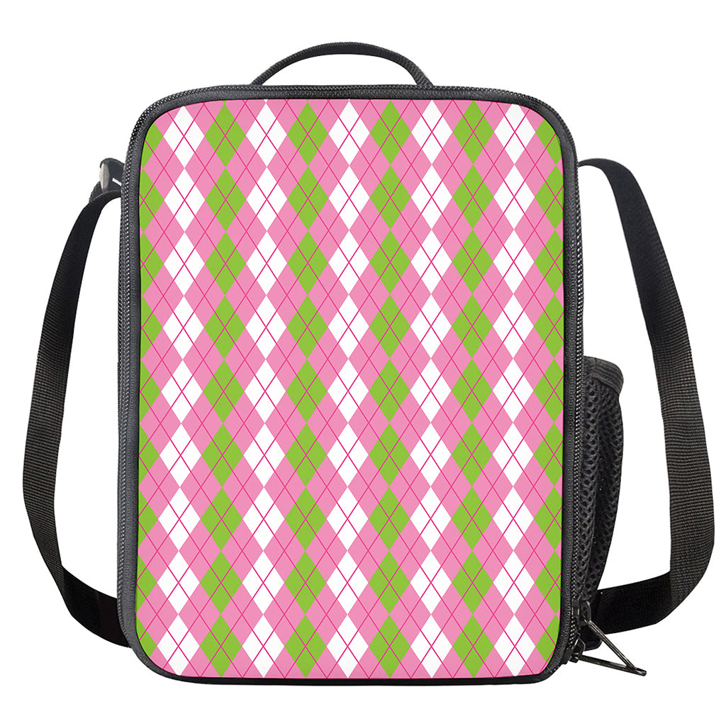 White Pink And Green Argyle Print Crossbody Lunch Bag