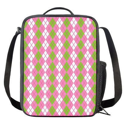 White Pink And Green Argyle Print Crossbody Lunch Bag