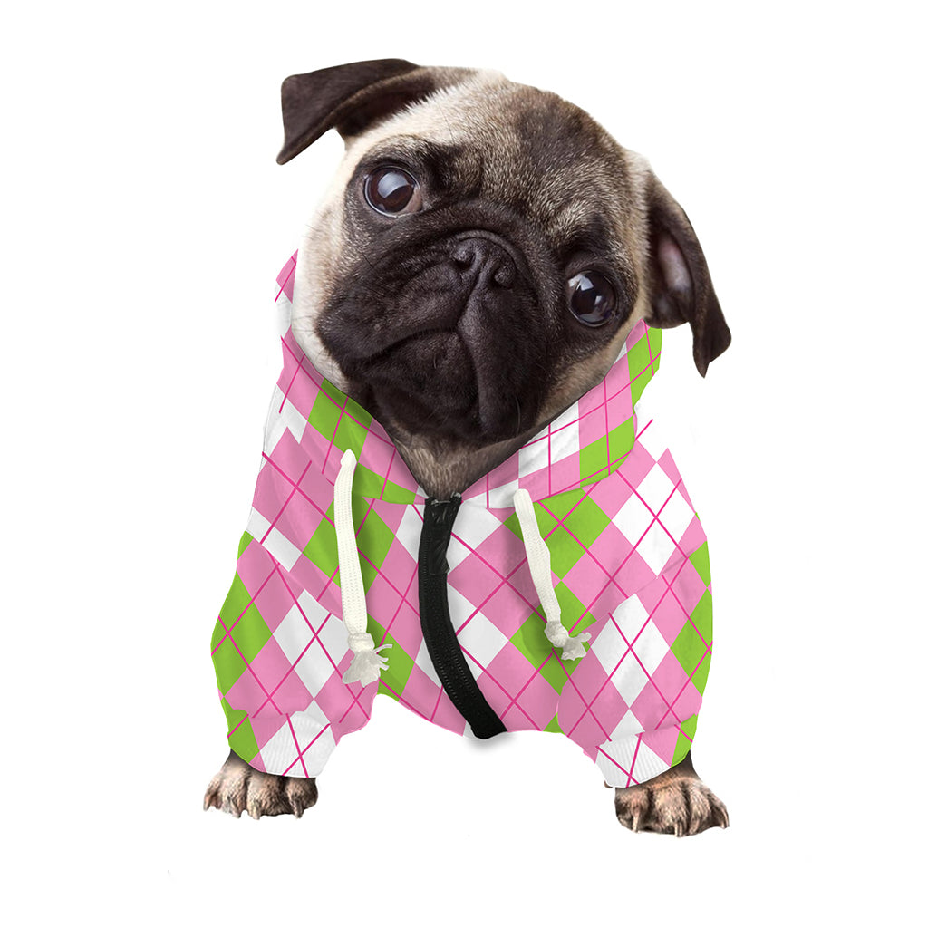 White Pink And Green Argyle Print Dog Zip Up Hoodie