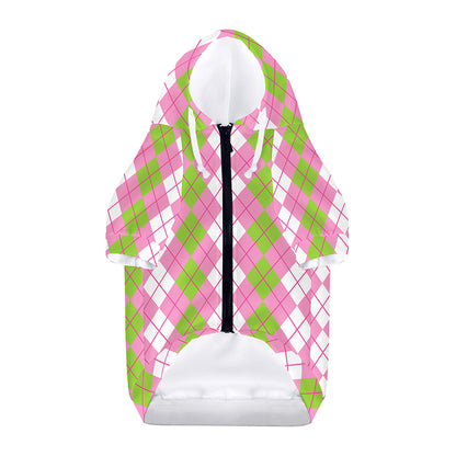 White Pink And Green Argyle Print Dog Zip Up Hoodie