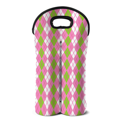 White Pink And Green Argyle Print Double Neoprene Wine Tote