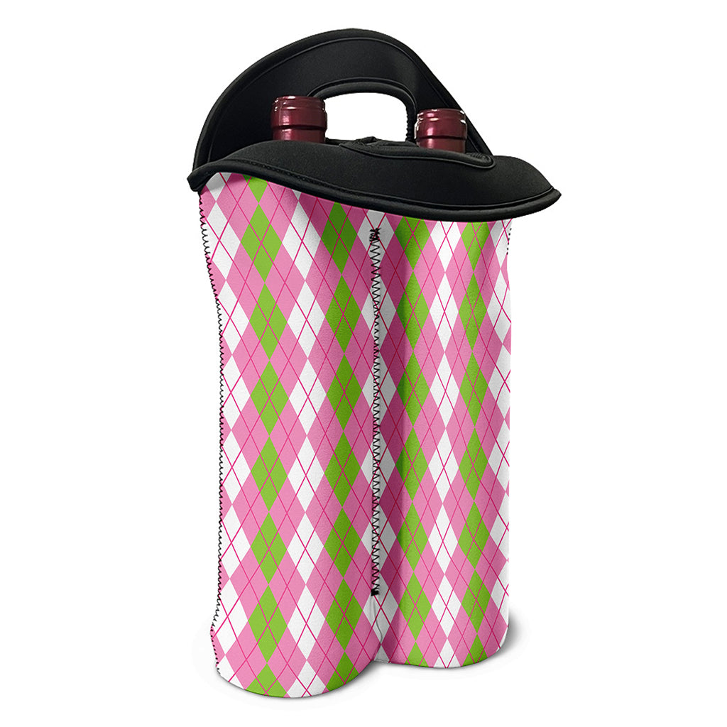 White Pink And Green Argyle Print Double Neoprene Wine Tote