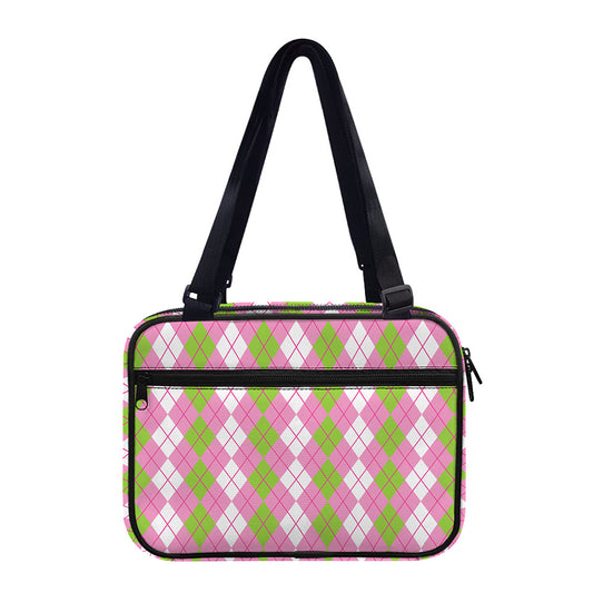 White Pink And Green Argyle Print Double Strap Bible Bag