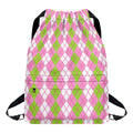 White Pink And Green Argyle Print Drawstring Backpack