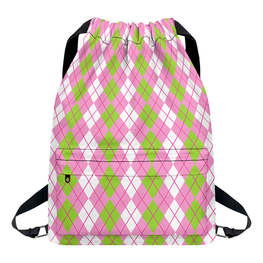White Pink And Green Argyle Print Drawstring Backpack
