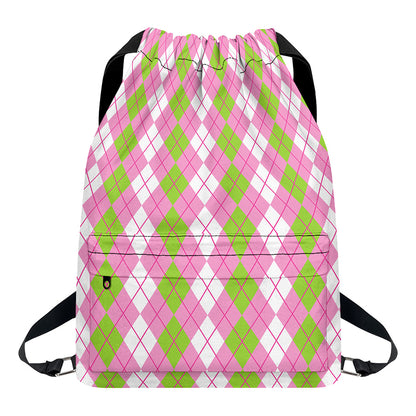 White Pink And Green Argyle Print Drawstring Backpack