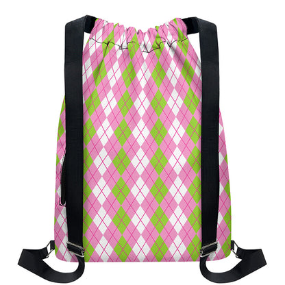 White Pink And Green Argyle Print Drawstring Backpack