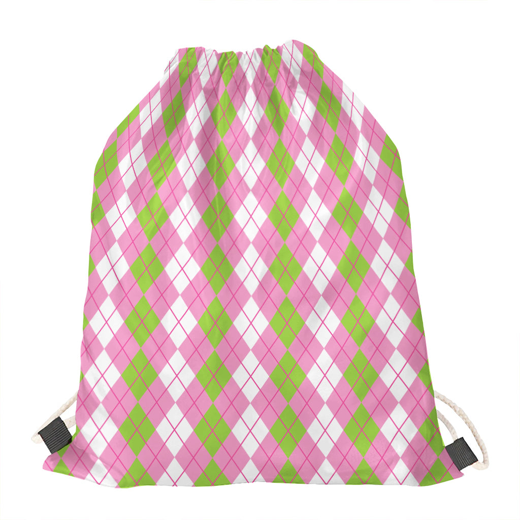 White Pink And Green Argyle Print Drawstring Bag