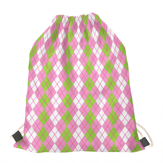 White Pink And Green Argyle Print Drawstring Bag