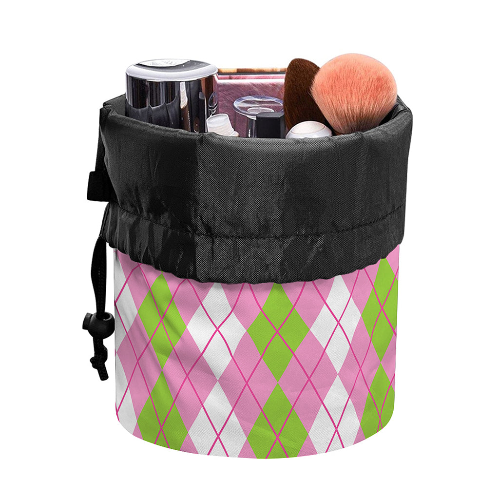 White Pink And Green Argyle Print Drawstring Makeup Bag