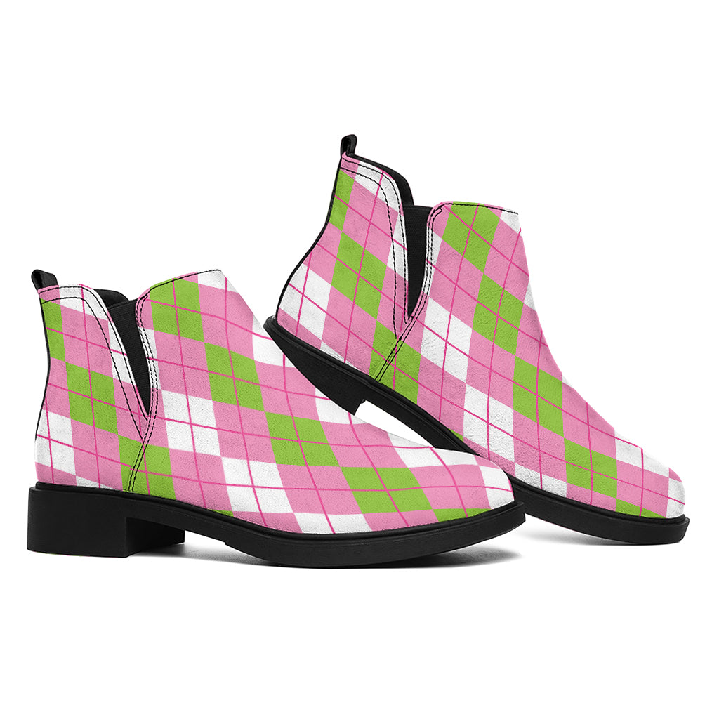 White Pink And Green Argyle Print Flat Ankle Boots