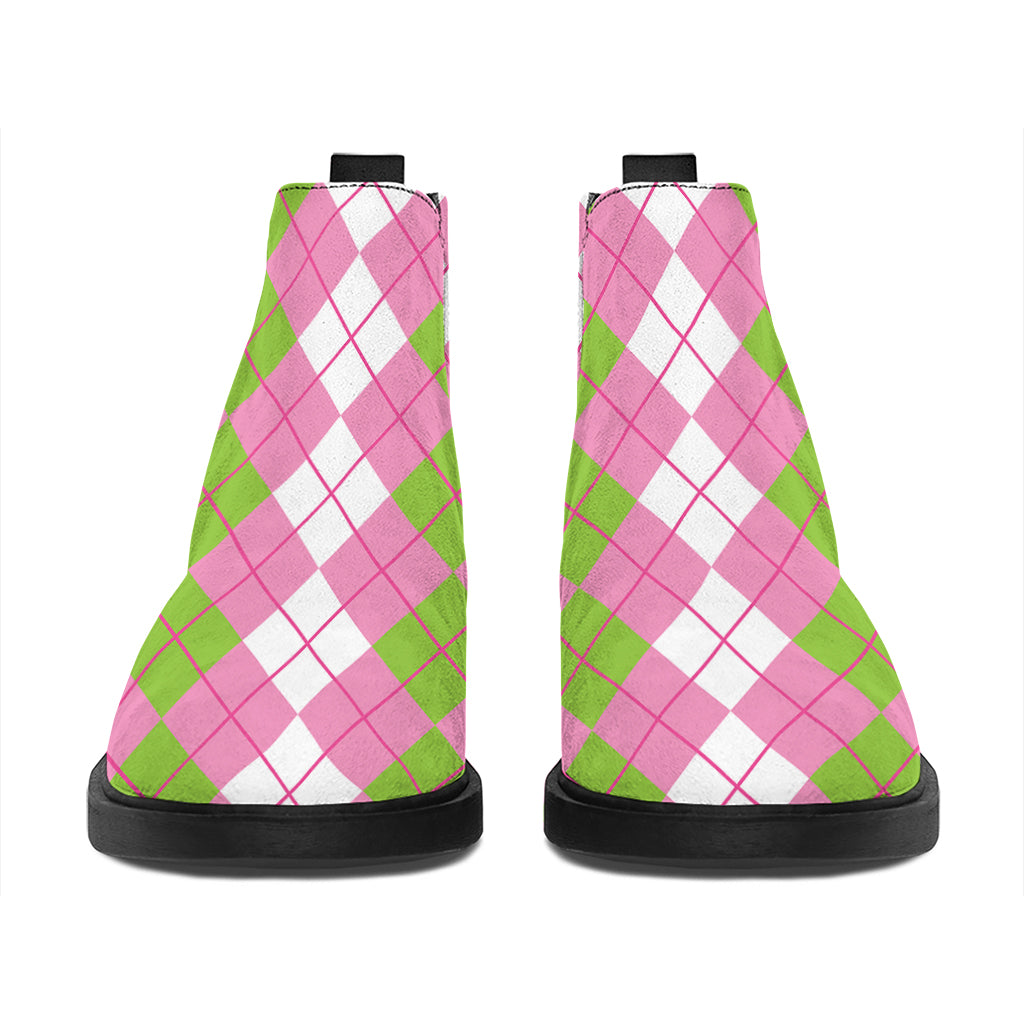 White Pink And Green Argyle Print Flat Ankle Boots