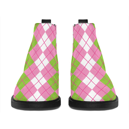 White Pink And Green Argyle Print Flat Ankle Boots