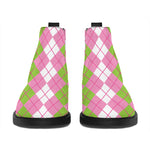 White Pink And Green Argyle Print Flat Ankle Boots