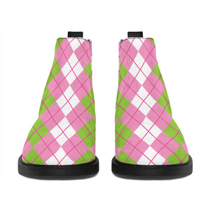 White Pink And Green Argyle Print Flat Ankle Boots