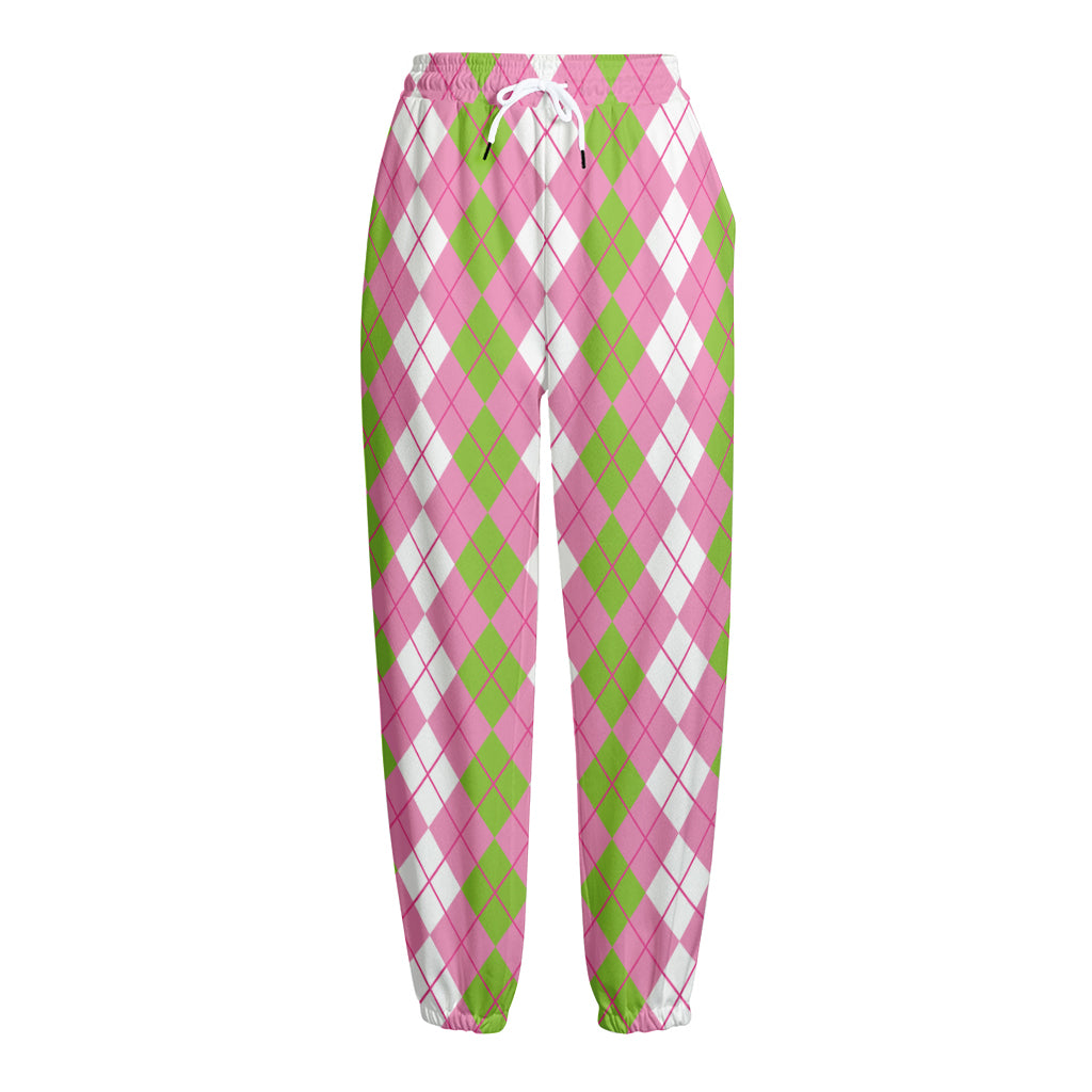 White Pink And Green Argyle Print Fleece Lined Knit Pants