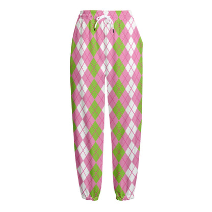 White Pink And Green Argyle Print Fleece Lined Knit Pants