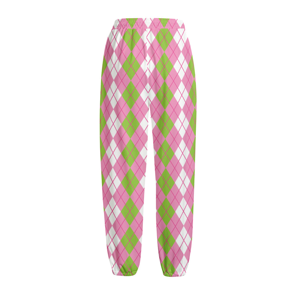 White Pink And Green Argyle Print Fleece Lined Knit Pants