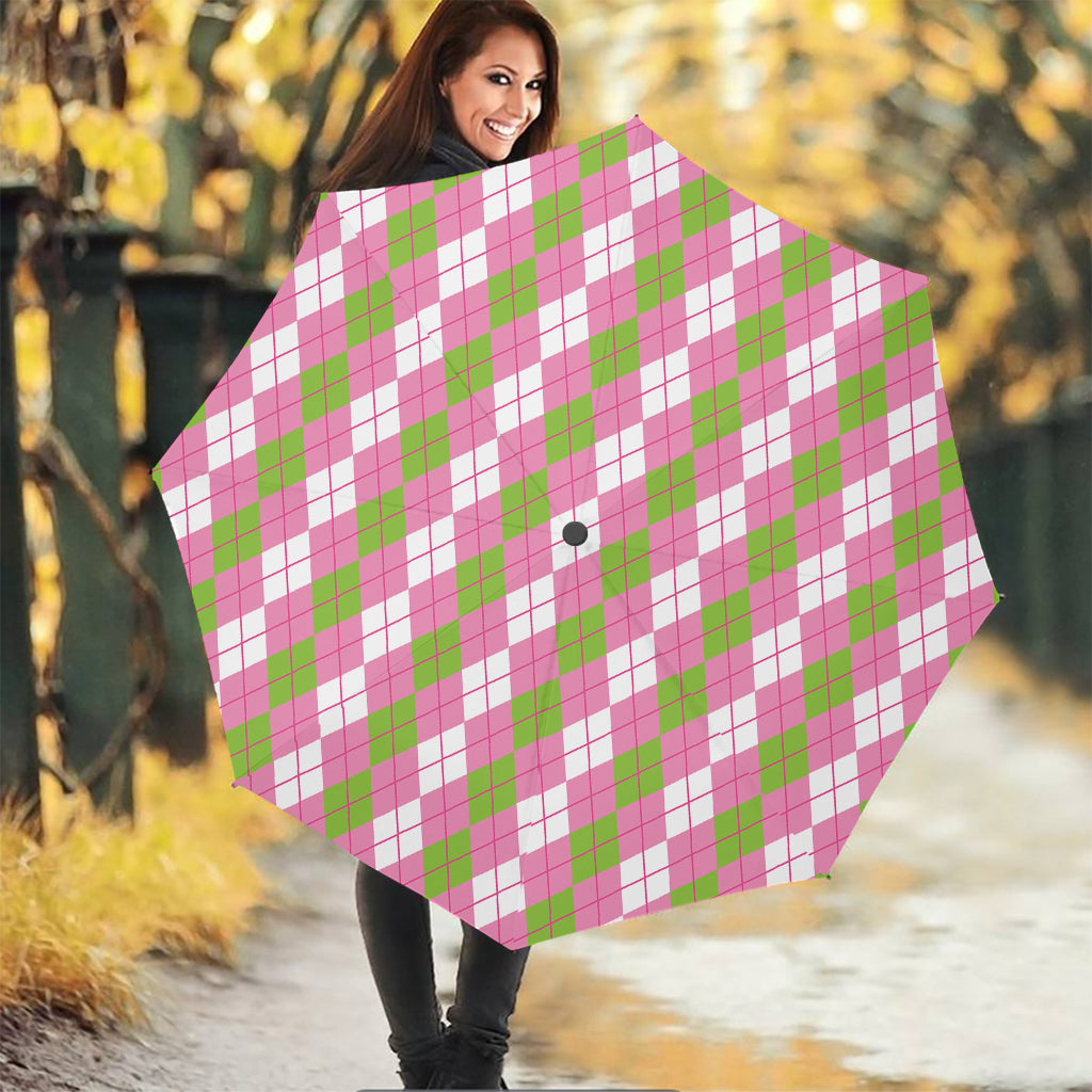 White Pink And Green Argyle Print Foldable Umbrella