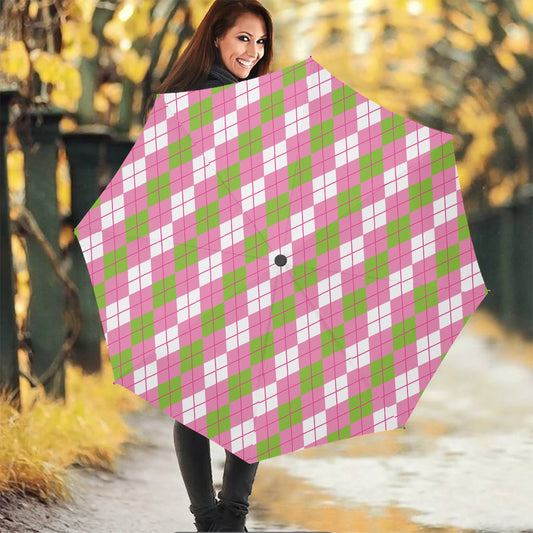 White Pink And Green Argyle Print Foldable Umbrella