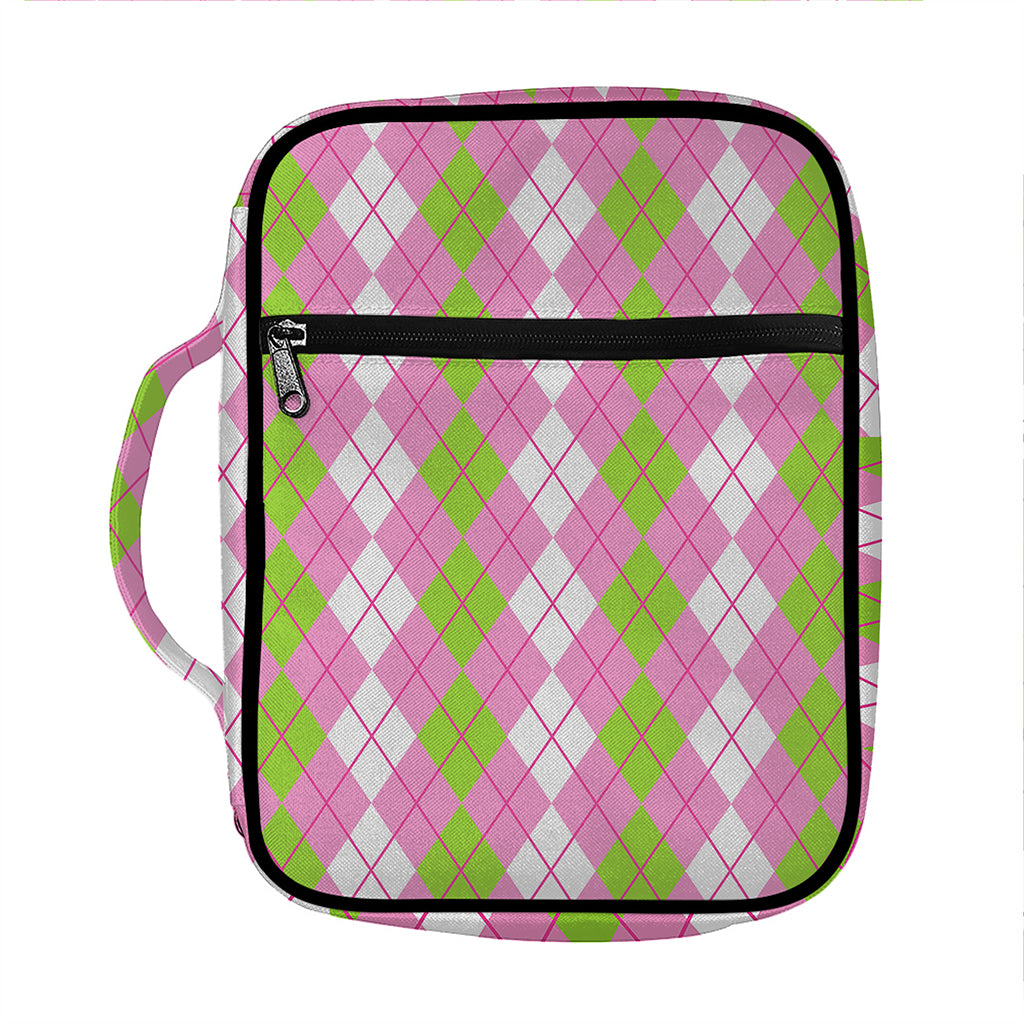 White Pink And Green Argyle Print Front Pocket Bible Bag