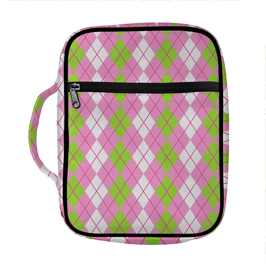 White Pink And Green Argyle Print Front Pocket Bible Bag