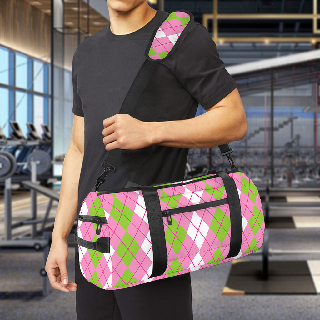 White Pink And Green Argyle Print Gym Bag