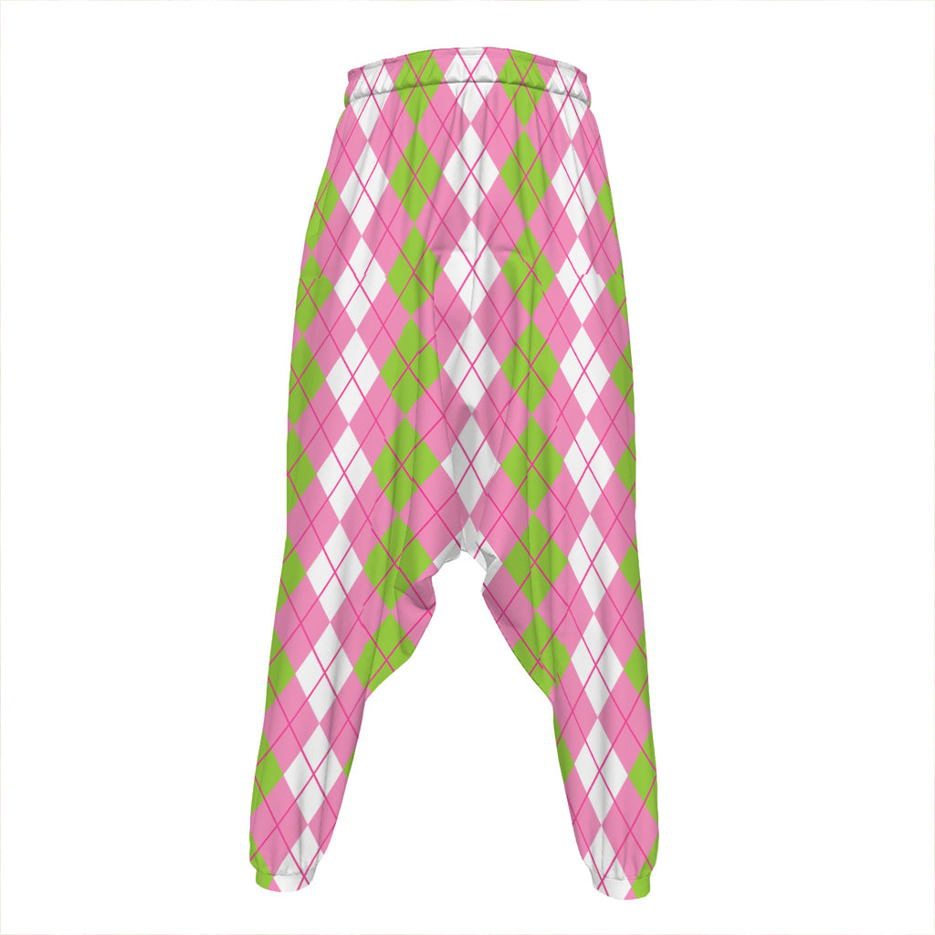 White Pink And Green Argyle Print Hammer Pants