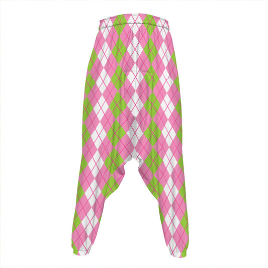 White Pink And Green Argyle Print Hammer Pants