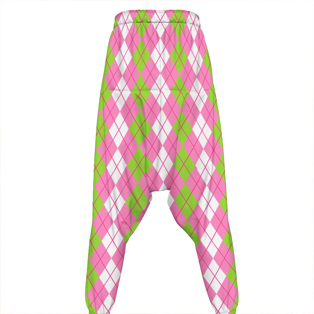 White Pink And Green Argyle Print Hammer Pants