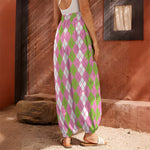 White Pink And Green Argyle Print Harem Pants